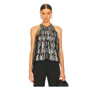NWT Joie Black Metallic Floral Halter Top Pleated Swing Sleeveless Blouse XS